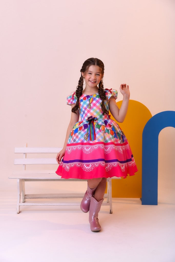 Vestido de fiesta infantil de junio, cuadros coloridos de lujo