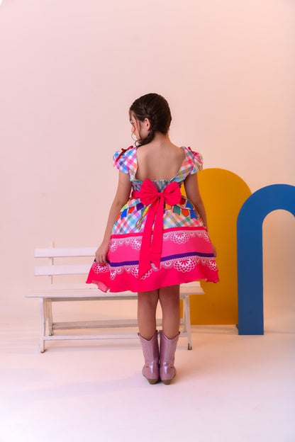 Vestido de fiesta infantil de junio, cuadros coloridos de lujo