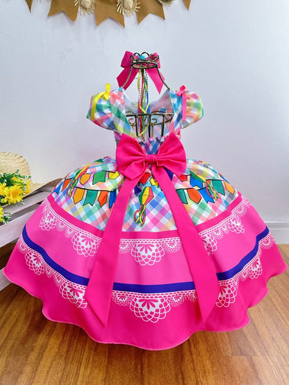Vestido de fiesta infantil de junio, cuadros coloridos de lujo