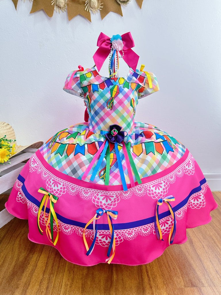 Vestido de fiesta infantil de junio, cuadros coloridos de lujo