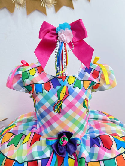 Vestido de fiesta infantil de junio, cuadros coloridos de lujo