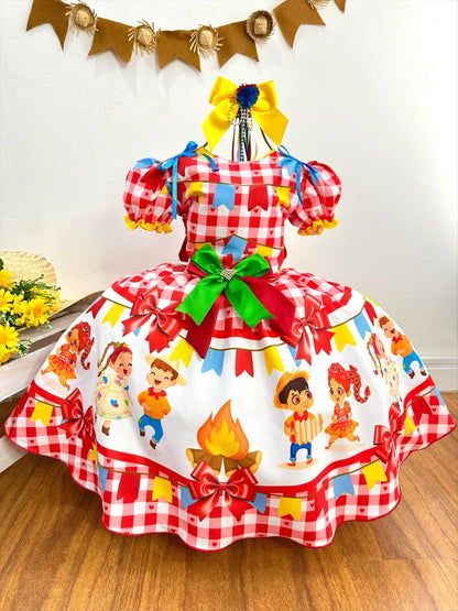 Vestido de fiesta infantil de junio, cuadros rojos de San Juan