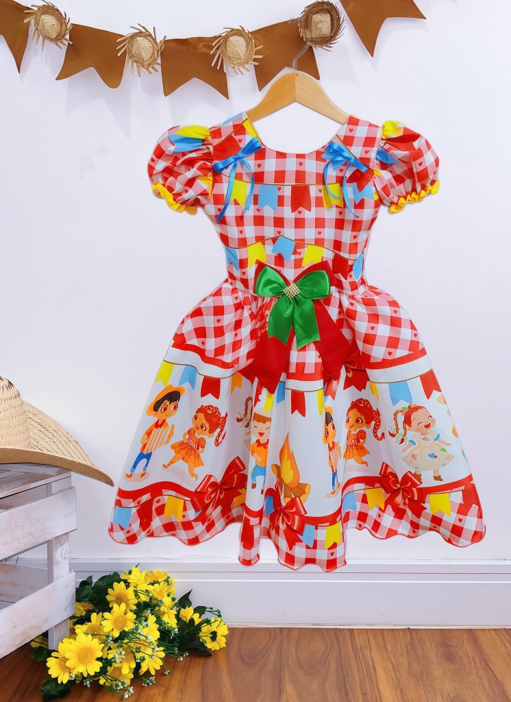Vestido de fiesta infantil de junio, cuadros rojos de San Juan