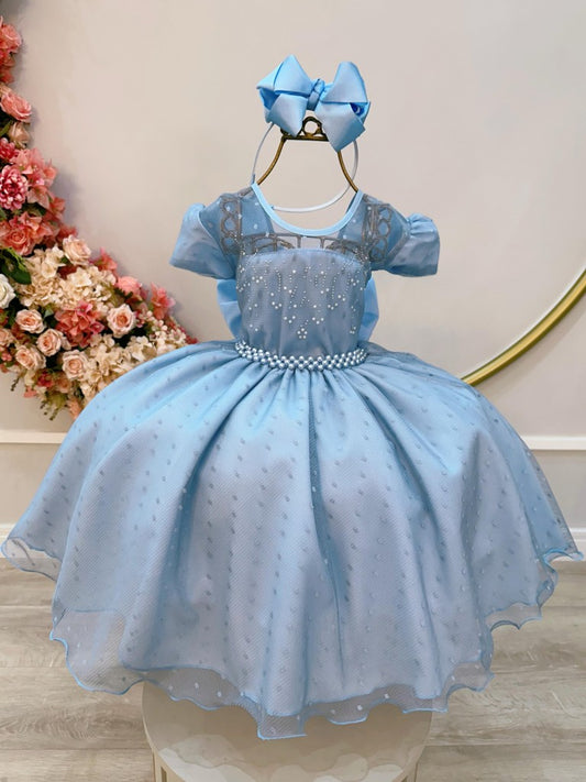 Vestido infantil de tul azul claro con diseño de palomitas de maíz y perlas
