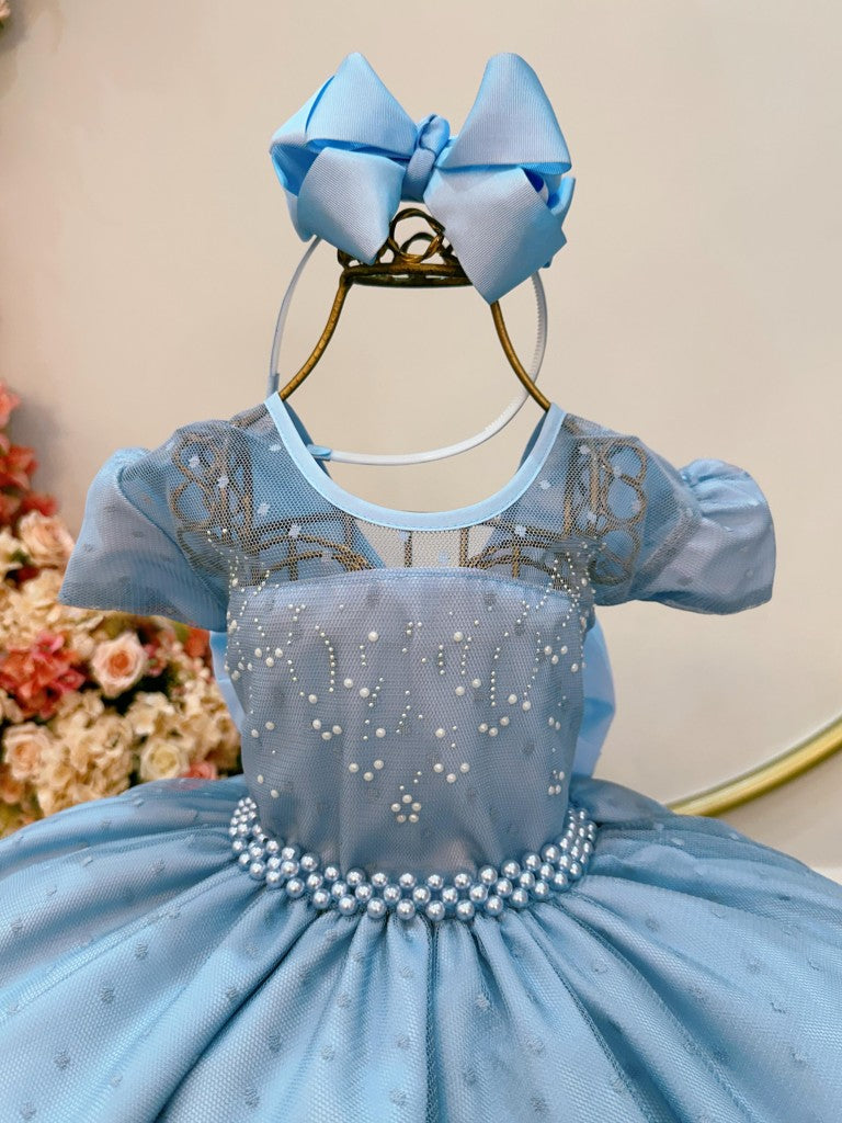 Vestido infantil de tul azul claro con diseño de palomitas de maíz y perlas