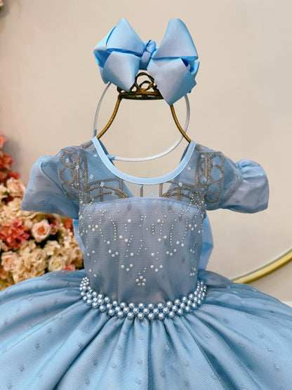 Vestido infantil de tul azul claro con diseño de palomitas de maíz y perlas