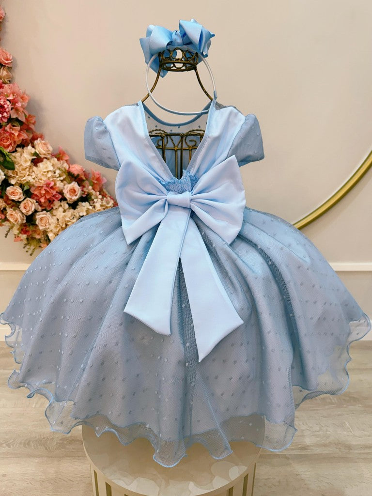 Vestido infantil de tul azul claro con diseño de palomitas de maíz y perlas
