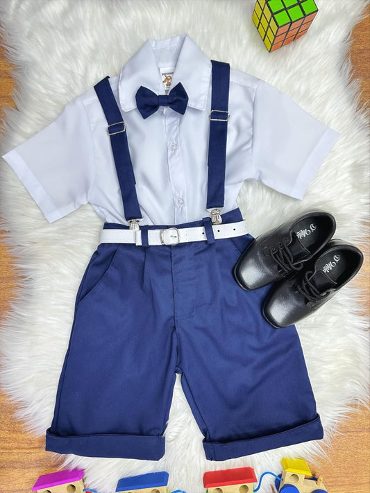 Conjunto Social Camisa Branca e Short Susp. Gravata Azul Marinho