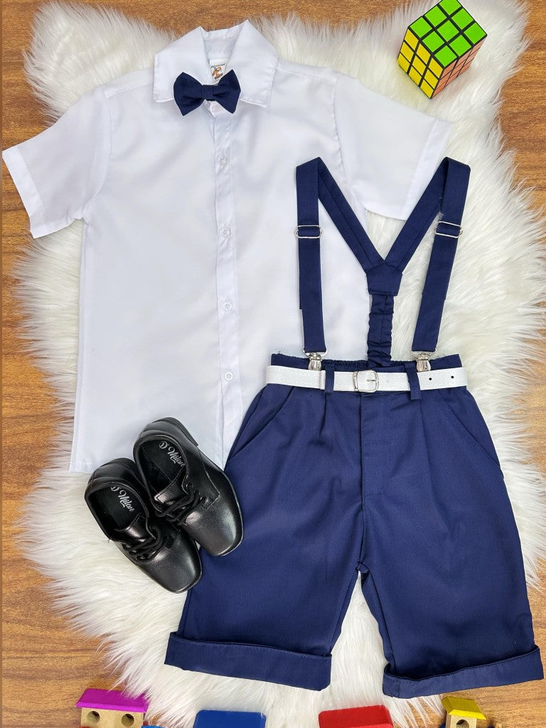 Conjunto formal: Camisa blanca y short con tirantes y corbata azul marino 