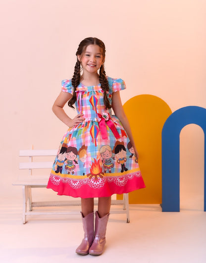 Vestido infantil de junio de lujo a cuadros coloridos para fiesta de San Juan