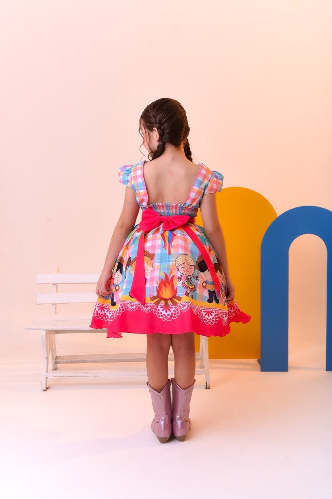Vestido infantil de junio de lujo a cuadros coloridos para fiesta de San Juan