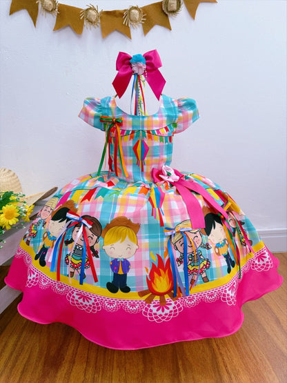 Vestido infantil de junio de lujo a cuadros coloridos para fiesta de San Juan
