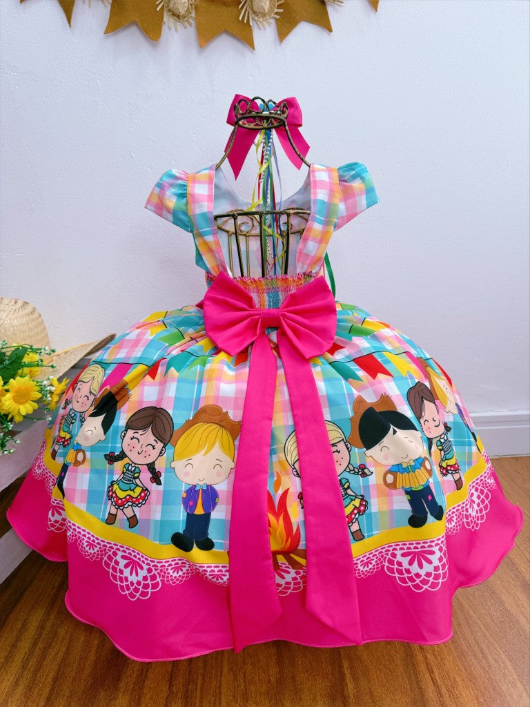 Vestido infantil de junio de lujo a cuadros coloridos para fiesta de San Juan