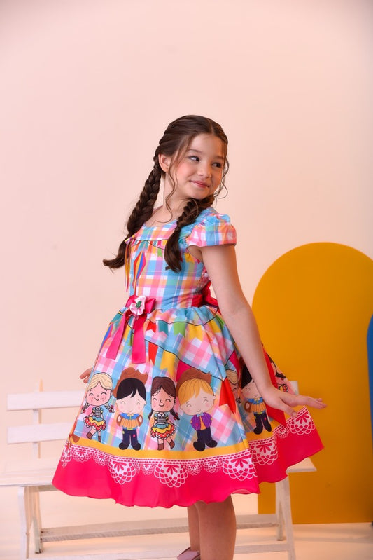 Vestido infantil de junio de lujo a cuadros coloridos para fiesta de San Juan
