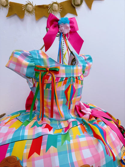 Vestido infantil de junio de lujo a cuadros coloridos para fiesta de San Juan