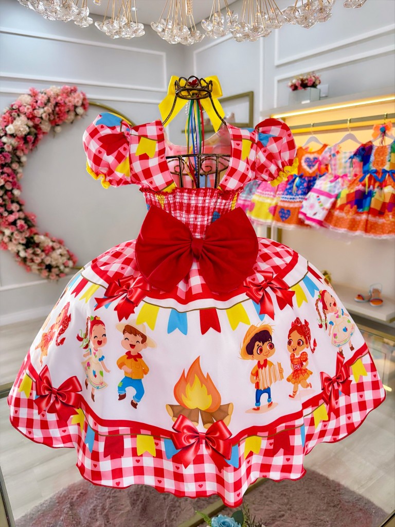 Vestido de fiesta infantil de junio, cuadros rojos de San Juan