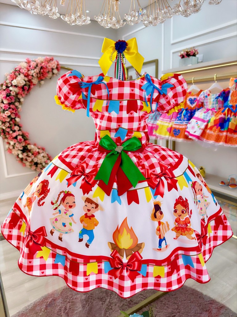 Vestido de fiesta infantil de junio, cuadros rojos de San Juan