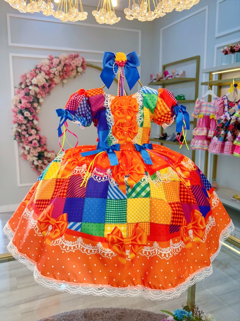 Vestido Junino infantil naranja con cuadros de lujo coloridos
