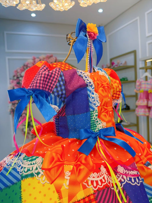 Vestido Junino infantil naranja con cuadros de lujo coloridos