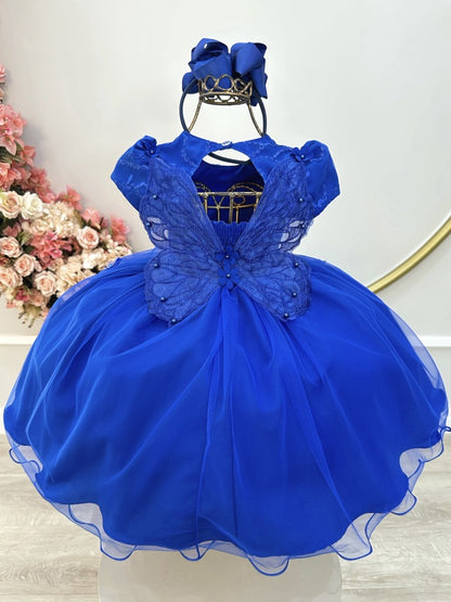 Vestido infantil de jardín encantado azul real con encaje para fiestas