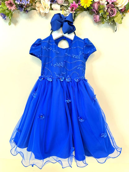 Vestido infantil de jardín encantado azul real con encaje para fiestas