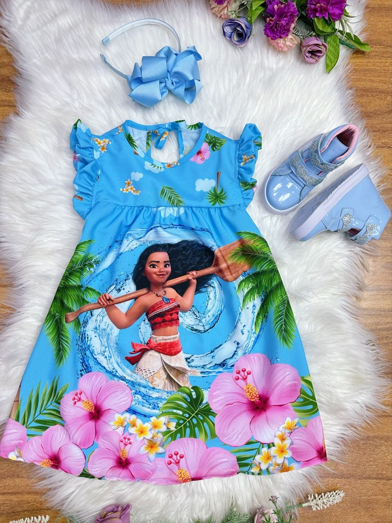 Vestido trapecio infantil azul de Moana con mangas esponjosas