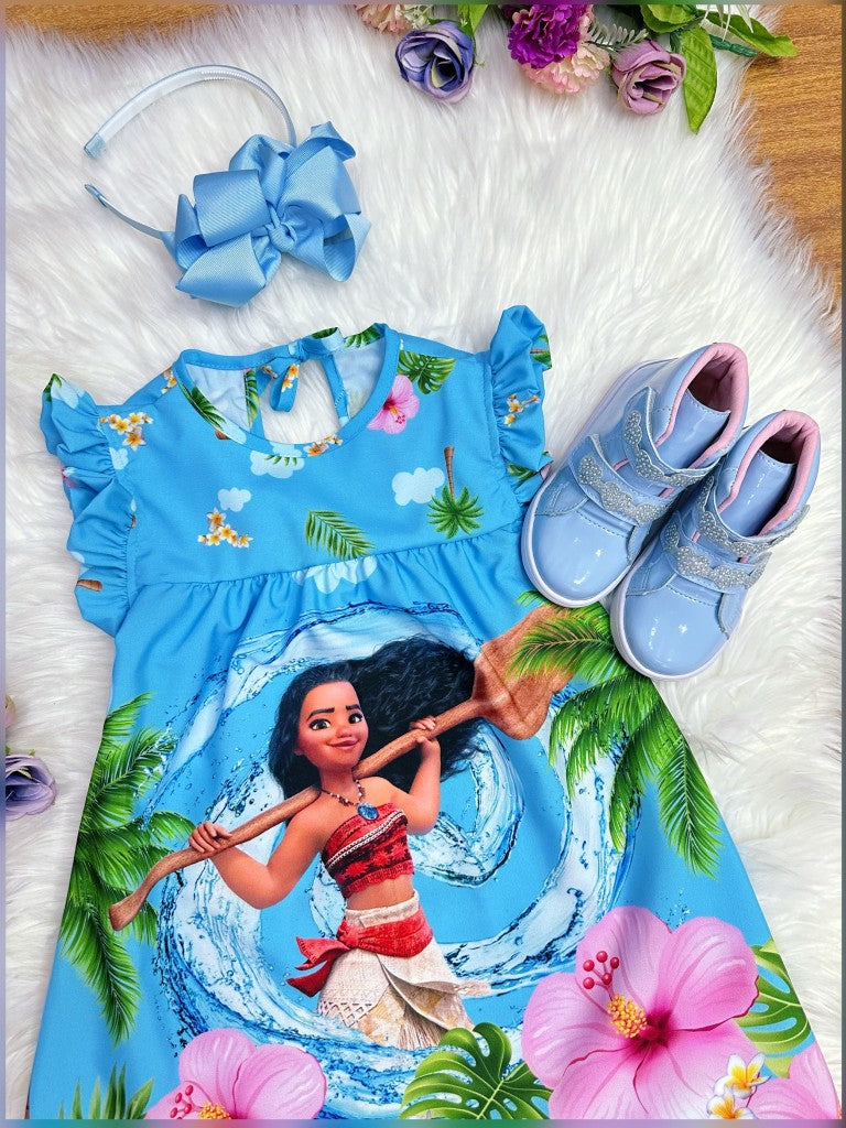 Vestido trapecio infantil azul de Moana con mangas esponjosas