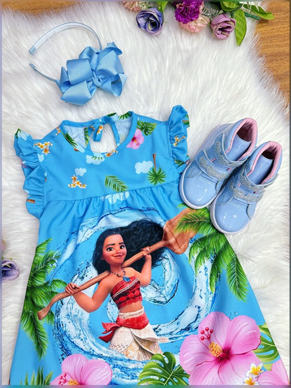 Vestido trapecio infantil azul de Moana con mangas esponjosas