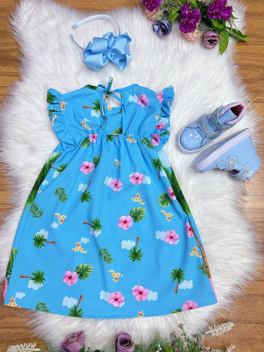 Vestido trapecio infantil azul de Moana con mangas esponjosas
