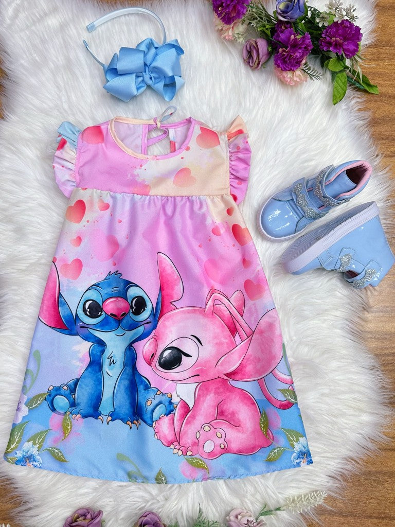 Vestido trapecio infantil con mangas esponjosas de Lilo y Stitch y Ángel en color rosa