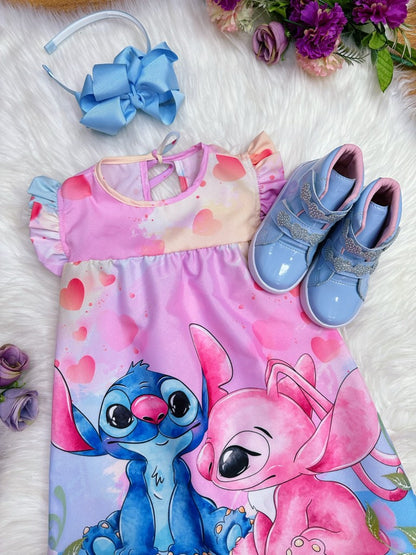 Vestido trapecio infantil con mangas esponjosas de Lilo y Stitch y Ángel en color rosa