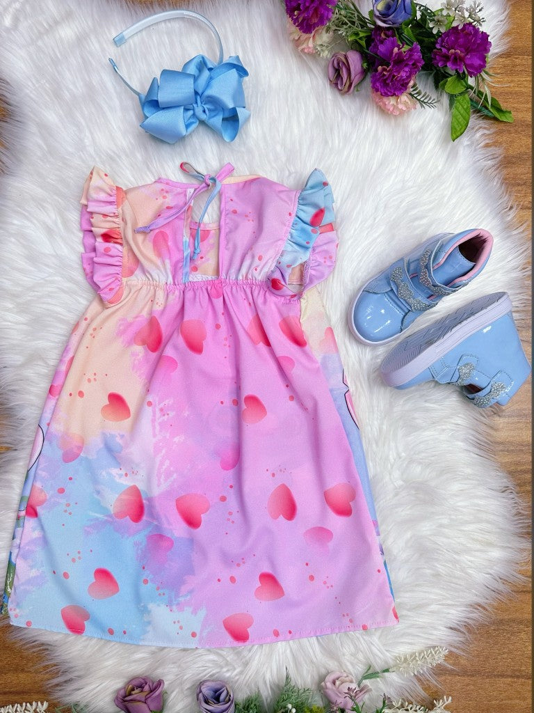 Vestido trapecio infantil con mangas esponjosas de Lilo y Stitch y Ángel en color rosa