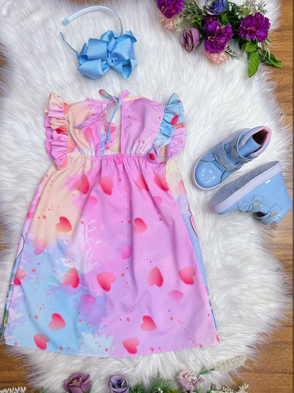 Vestido trapecio infantil con mangas esponjosas de Lilo y Stitch y Ángel en color rosa