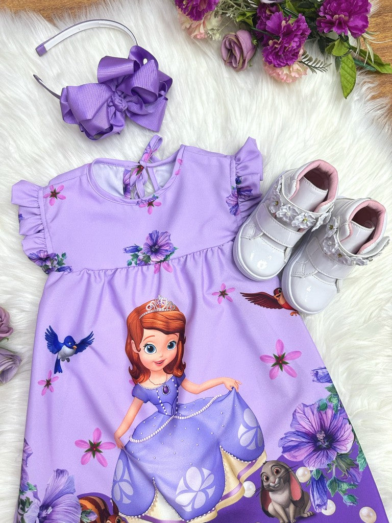 Vestido trapecio infantil de la Princesa Sofía con mangas esponjosas en azul