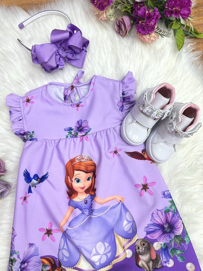 Vestido trapecio infantil de la Princesa Sofía con mangas esponjosas en azul