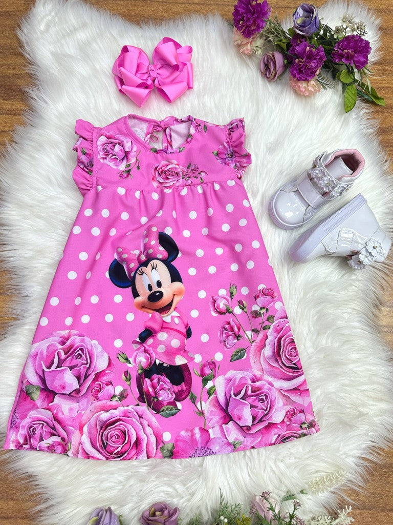Vestido trapecio infantil de Minnie Mouse en rosa con mangas esponjosas