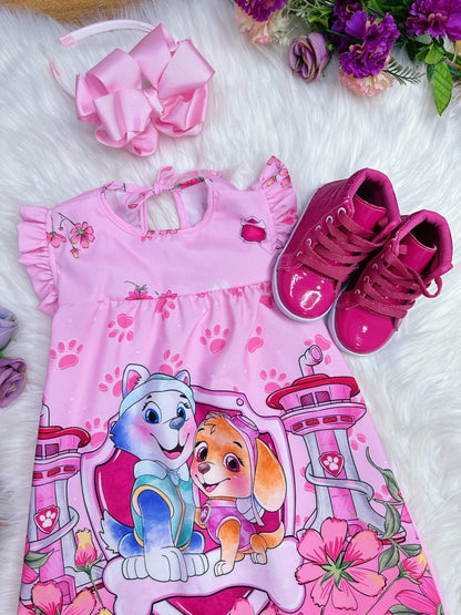 Vestido trapecio infantil rosa con mangas esponjosas de Paw Patrol Sky