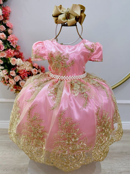 Vestido infantil rosa con encaje real metalizado para niña de las flores