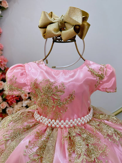 Vestido infantil rosa con encaje real metalizado para niña de las flores