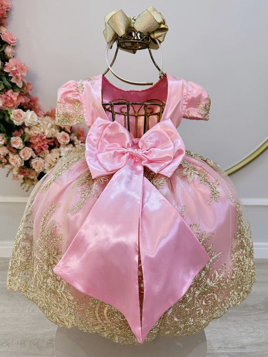 Vestido infantil rosa con encaje real metalizado para niña de las flores