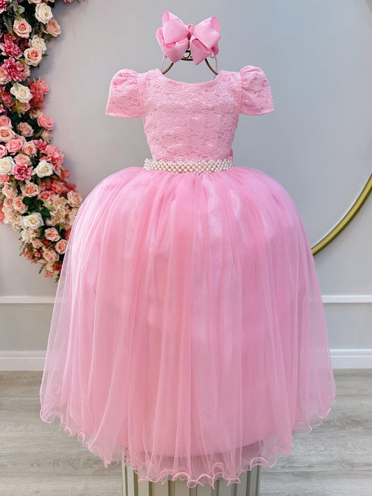 Vestido infantil largo de tul rosa con encaje para bodas y fiestas