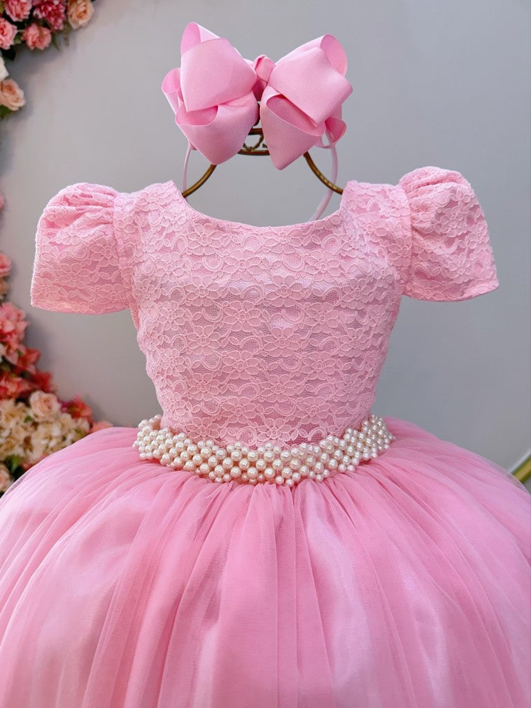 Vestido infantil largo de tul rosa con encaje para bodas y fiestas