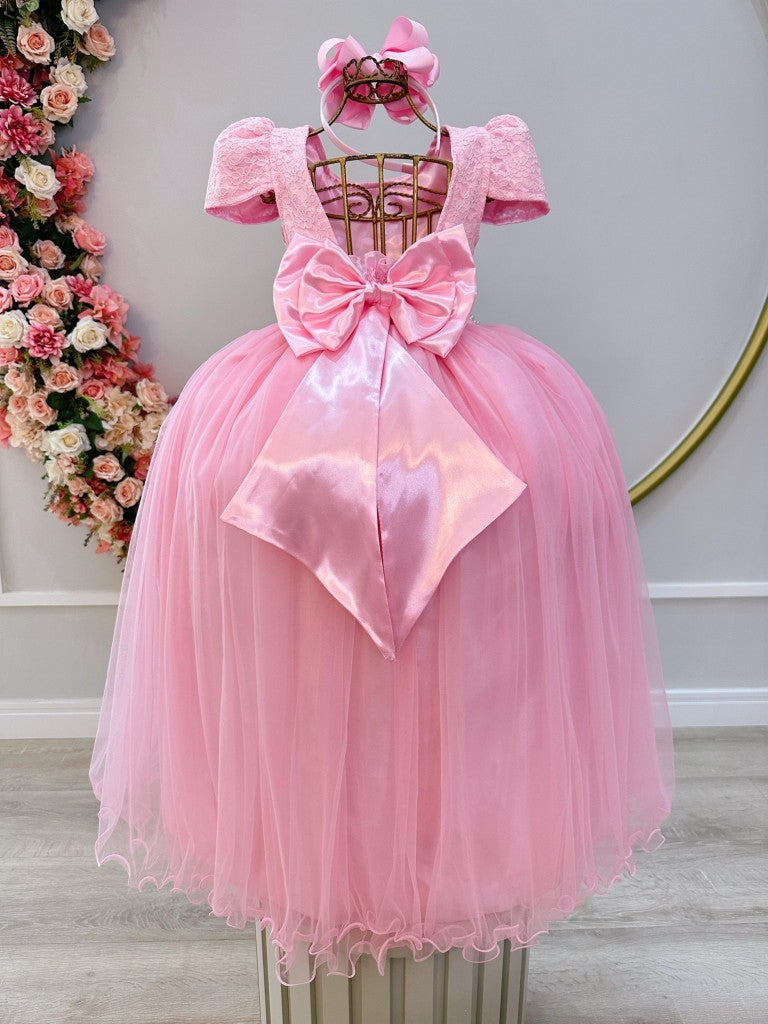 Vestido infantil largo de tul rosa con encaje para bodas y fiestas