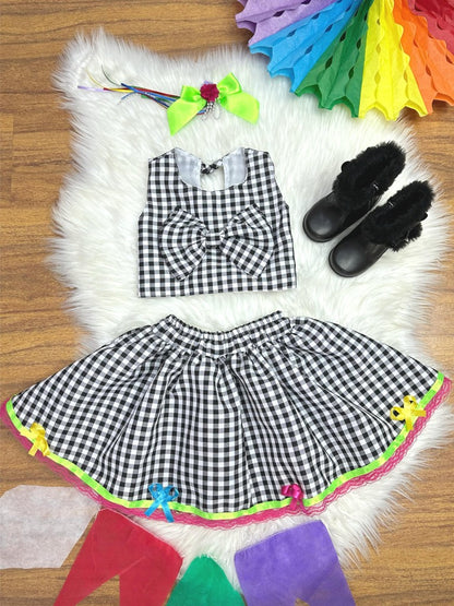 Conjunto corto de cuadros negros con falda Junino Caipira para niña