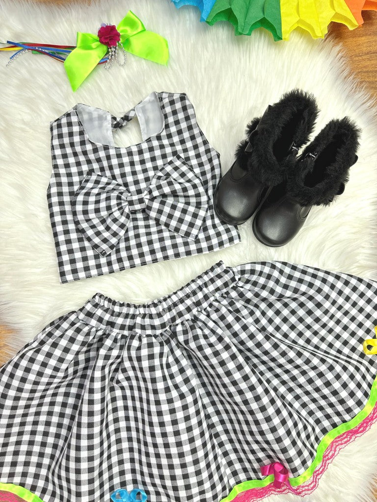 Conjunto corto de cuadros negros con falda Junino Caipira para niña
