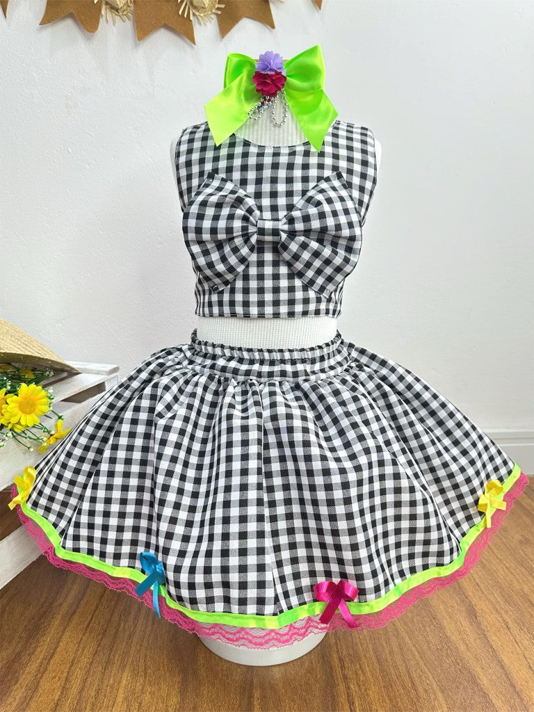 Conjunto corto de cuadros negros con falda Junino Caipira para niña