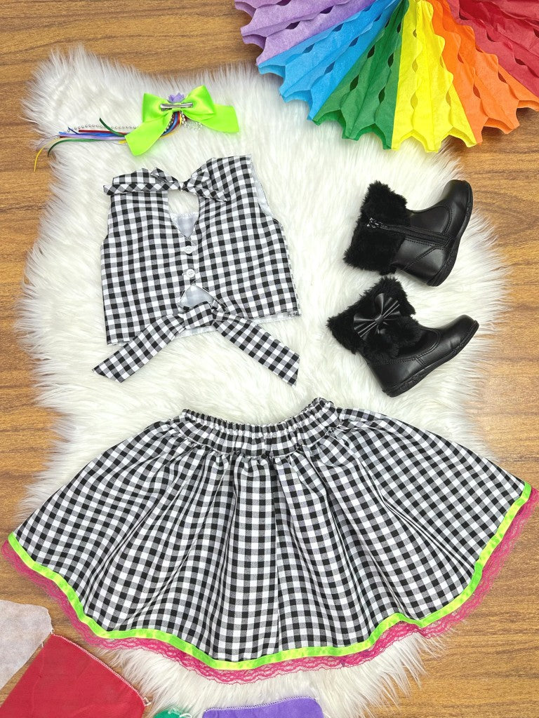 Conjunto corto de cuadros negros con falda Junino Caipira para niña