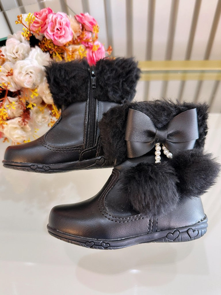 Botines de lujo para niños con lazo y pompón negros y cremallera 