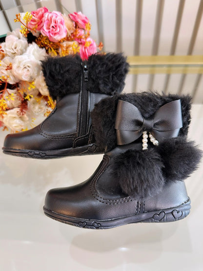 Botines de lujo para niños con lazo y pompón negros y cremallera 