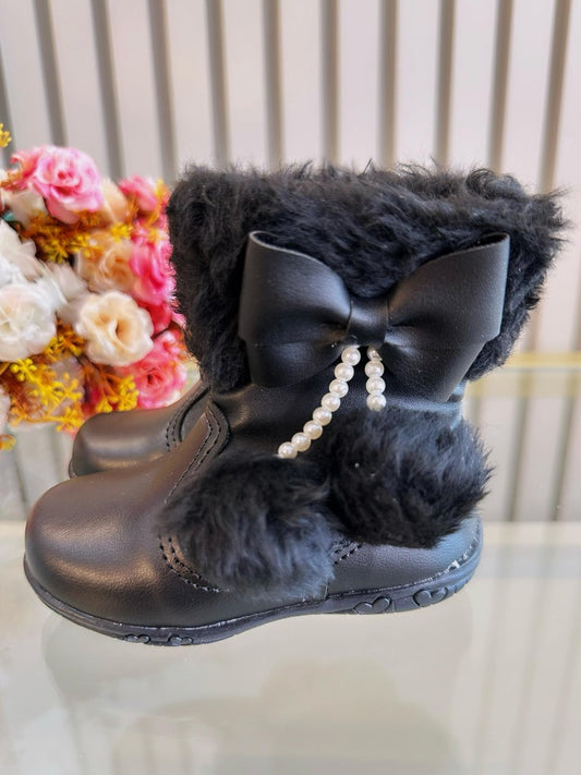 Botines de lujo para niños con lazo y pompón negros y cremallera 